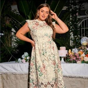 SHEIN Cream Floral Lace Midi Dress